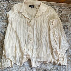Me + Em cream button down with frill details and cinched sleeves